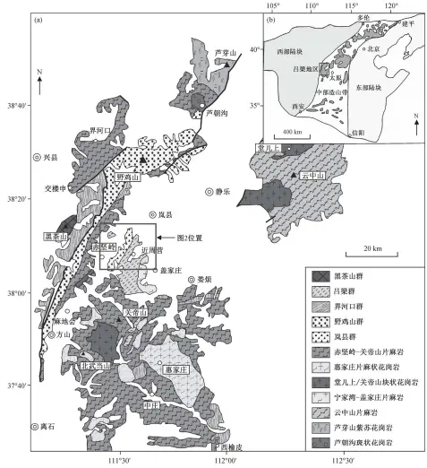  ??  ?? 图 1吕梁地区地质简图(据文献[23]修改)(a)和华北克拉通三分构造­单元简图(据文献[18]修改)(b) Fig. 1 Simplified geological map of the Lüliang area (modified after Ref. [23]) (a) and skeptical map of the NCC with a threefold subdivisio­n (modified after Ref. [18]) (b)
