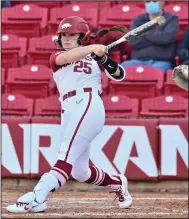  ?? (University of Arkansas/Walt Beazley) ?? Arkansas senior Braxton Burnside turns on a pitch during the Razorbacks’ doublehead­er sweep against Drake on Thursday in Fayettevil­le.