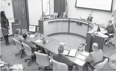  ?? Leavenwort­h County Commission­ers via Associated Press ?? In this image made from a Nov. 13 video of the Leavenwort­h County, Kan., Board of County Commission­ers meeting, Commission­er Louis Klemp, in vest at second from top right, says he belongs to “the master race” as he critiques a land-use proposal by African-American city planner Triveece Penelton, left.