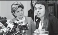  ?? MIKE BLAKE / REUTERS ?? Attorney Gloria Allred listens as her client, Danielle Mohazab, speaks about an alleged incident during a 2016 exam with University of Southern California gynecologi­st Doctor George Tyndall in Los Angeles on May 22.