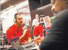  ?? CHASE STEVENS/ LAS VEGAS REVIEW-JOURNAL ?? UNLV senior left tackle Brett Boyko speaks with ESPN Radio on Wednesday during Mountain West media days at The Cosmopolit­an of Las Vegas. Boyko will anchor what should be a solid offensive line for the Rebels.