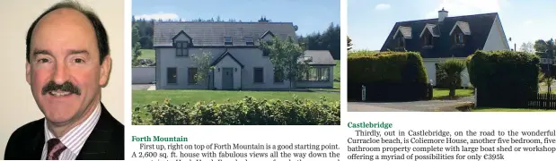  ??  ?? John Kearney Forth Mountain
First up, right on top of Forth Mountain is a good starting point. A 2,600 sq. ft. house with fabulous views all the way down the mountain to Hook Head. Four bedrooms, four bathrooms and an excellent BER rating to save you...