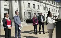  ?? KATHLEEN E. CAREY - DAILY TIMES ?? State legislator­s joined education advocates Feb. 14 at the Delaware County Courthouse to celebrate the court’s ruling on education funding.