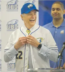  ?? ARLEN REDEKOP ?? Gilles Lepine is introduced as UBC’s new athletics director at Doug Mitchell T-Bird Sports Centre at the university on Friday.