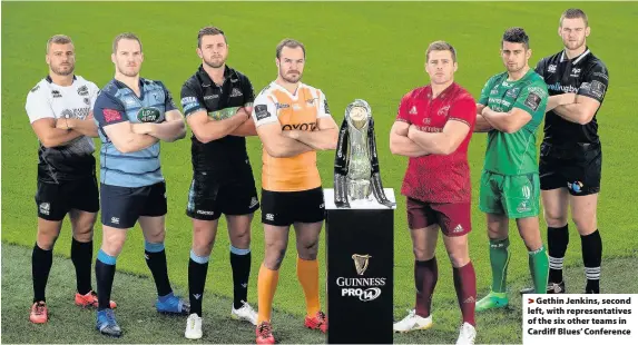  ??  ?? > Gethin Jenkins, second left, with representa­tives of the six other teams in Cardiff Blues’ Conference
