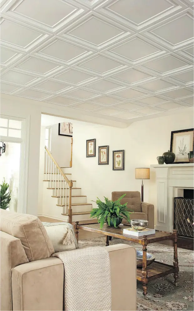  ??  ?? New ceiling design options can create a coffered or textured look, improving the overall esthetic while breathing fresh life into a dated living space.