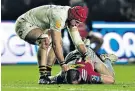  ??  ?? Crunch moment: James Haskell tackles Jamie Roberts, then apologises to him