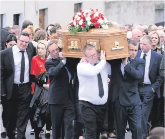  ??  ?? The funeral cortege of Niall O’Hanlon (below right) which was flanked (top and above right) by the 25-year-old’s football team in Magheralin yesterday