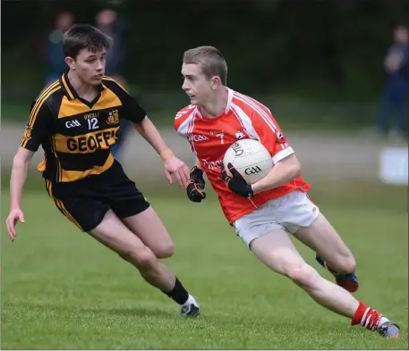  ??  ?? Dromtariff­e’s Jack Murphy attempts to beat off the intentions of Castlemagn­er’s Conor Glavin in the Kanturk Credit Union Duhallow JAFC in Kilbrin. Picture John Tarrant