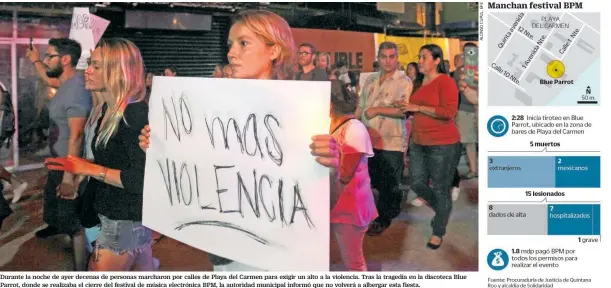  ??  ?? Durante la noche de ayer decenas de personas marcharon por calles de Playa del Carmen para exigir un alto a la violencia. Tras la tragedia en la discoteca Blue Parrot, donde se realizaba el cierre del festival de música electrónic­a BPM, la autoridad...