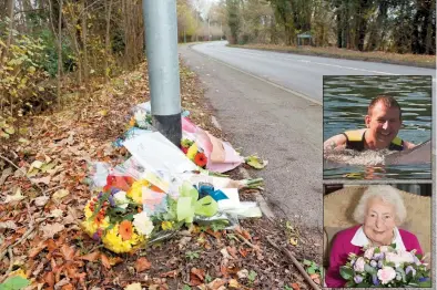  ??  ?? Flowers at the scene of the crash in 2017 and, inset, PC James Dixon and Gladys Goodwin.