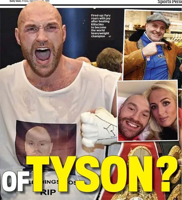  ?? AP ?? Fired-up: Fury roars with joy after beating Klitschko to become the world heavyweigh­t champion