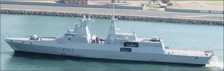  ?? PICTURE: MANNY GOUNDEN ?? SAS Spioenkop, one of the navy’s much-vaunted Meko-class frigates, arriving in Durban Harbour. Propulsion issues have caused it to withdraw from anti-piracy patrols in the Mozambique Channel.