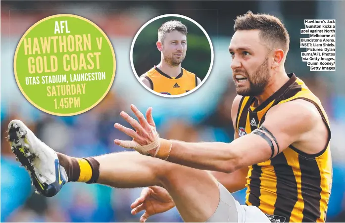  ?? ?? Hawthorn’s Jack Gunston kicks a goal against North Melbourne at Blundstone Arena. INSET: Liam Shiels. Pictures: Dylan Burns/AFL Photos via Getty Images, Quinn Rooney/ Getty Images