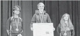  ?? Jason Fochtman / Houston Chronicle ?? Mack Beggs, center, defeated Chelsea Sanchez, left, of Morton Ranch to win the UIL Class 6A girls 110-pound state wresting championsh­ip Saturday.