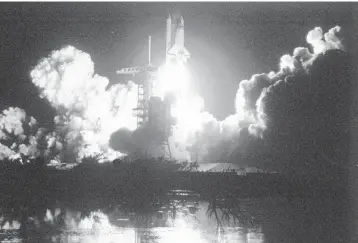  ??  ?? A view of lift off of the space shuttle Challenger at Cape Canaveral at 2:32 a.m., as it leaves on a six-day mission, Aug. 29, 1983. View“Into Orbit”and“First Fleet”sneak peeks on the Pompano Beach Arts YouTube channel.