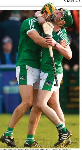  ?? DIARMUID GREENE/SPORTSFILE ?? Dan Morrissey and Sean Finn embrace at the final whistle as Limerick celebrate victory over Galway and promotion to Division 1A
