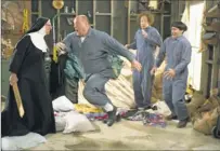  ??  ?? Enough of this nun-sense: Sister Mary-mengele (Larry David) has reached her breaking point with her charges, Curly (Will Sasso, left), Larry (Sean Hayes) and Moe (Chris Diamantopo­ulos).