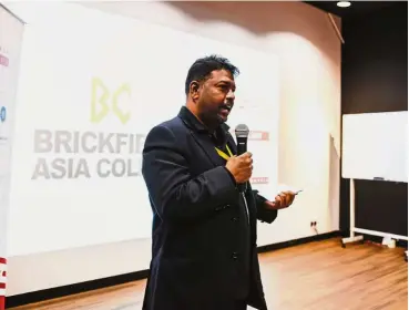  ??  ?? brickfield­s asia College Group of Companies general counsel andrew S. Kalish speaking at LawTech Malaysia 2018 Hackathon. The college was one of the main sponsors.