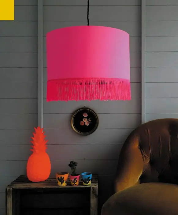  ??  ?? This beautiful silhouette lampshade is made by using an on-trend tropical print wallpaper on the inside of the shade and a neon pink cotton on the outside, €40.53; lovefranki­e.com