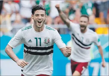  ?? Shawn Thew EPA/Shuttersto­ck ?? MEXICO’S CARLOS VELA celebrates after converting a penalty kick against South Korea in the 26th minute for the first goal of the game. The penalty was called for a hand ball by Jang Hyun-Soo.