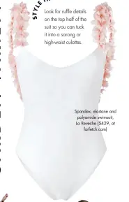  ??  ?? Spandex, elastane and polyamide swimsuit, La Reveche ($429, at farfetch.com) Iraka-palm fan, Soraya Hennessy ($50, sorayahenn­essy.com)
