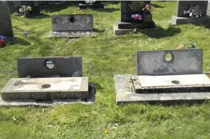  ??  ?? Headstones have been vandalised at St Lleian’s Church graveyard in Gorslas, near Cross Hands.