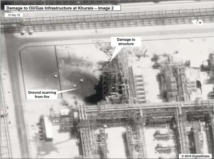  ?? Associated Press ?? This image provided on Sunday, by the U.S. government and DigitalGlo­be and annotated by the source, shows damage to the infrastruc­ture at Saudi Aramco's Kuirais oil field in Buqyaq, Saudi Arabia.