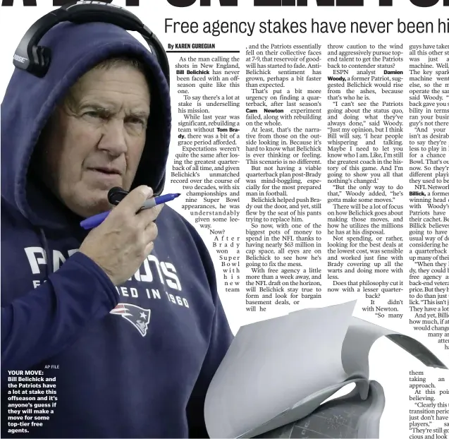  ?? Ap fiLE ?? YOUR MOVE: Bill Belichick and the Patriots have a lot at stake this offseason and it’s anyone’s guess if they will make a move for some top-tier free agents.