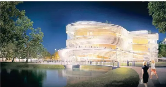  ?? SIMULATION:
PROJEKTSCH­MIEDE ?? Eine von vielen vorläufige­n Ideen für einen Neubau der Düsseldorf­er Oper; hier ein Entwurf der Projektsch­miede.