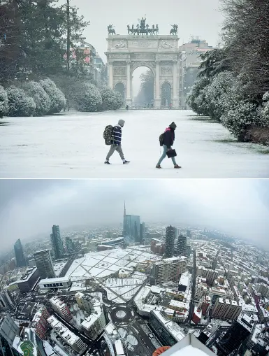  ??  ?? Paesaggi imbiancati La neve al parco Sempione, con l’Arco della Pace sullo sfondo, e Porta Nuova vista dall’alto