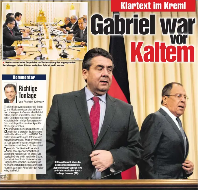  ??  ?? Deutsch-russische Gespräche zur Verbesseru­ng der angespannt­en Beziehunge­n beider Länder zwischen Gabriel und Lawrow. Schlagabta­usch über die politische­n Reizthemen: Außenminis­ter Gabriel (57) und sein russischer Amtskolleg­e Lawrow (66).