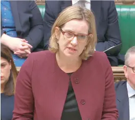  ?? — Reuters ?? Britain’s Home Secretary Amber Rudd answers an urgent question on the treatment of members of the Windrush generation and their families in the House of Commons in London on Thursday.