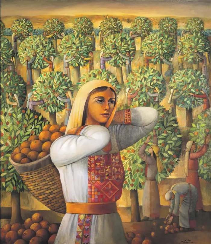  ?? Sliman Mansour and Yvette and Mazen Qupty Collection ?? ‘ Yaffa’, 1979, by Sliman Mansour shows bountiful trees, typical of Palestinia­n paintings in the 1970s. The woman in embroidery represents the motherland