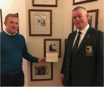  ??  ?? Terence Duffy recently won the Jackson Cup and the presentati­on was on at the weekend in Co Sligo. While there, he produced a scorecard that he kept when Tom Watson played Rosses Point in 1989 with Byron Nelson. Tom Watson duly signed the card for him at the end of the round.