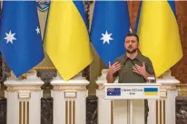  ?? NARIMAN EL-MOFTY/ASSOCIATED PRESS ?? Ukrainian President Volodymyr Zelenskyy speaks Sunday during a news conference with Australian Prime Minister Anthony Albanese in Kyiv, Ukraine.