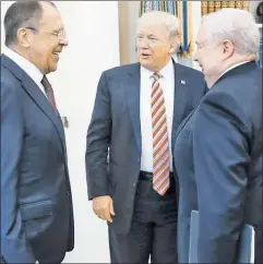  ??  ?? Self-sabotage: Trump with Russian Foreign Minister Lavrov (left) and Ambassador Kislyak (right) in the infamous White House meeting.