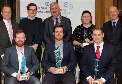  ??  ?? From left, back – Tom Enright, CE,Wexford County Council, Patrick Kinsella, runner-up, Best Business Idea; Cllr Paddy Kavanagh, chairman, Wexford County Council; Gillian Duggan White, runner-up, Best Start Up Business; and Tom Banville, LEO. Front –...