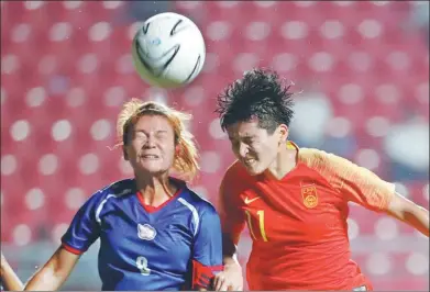  ?? VINCENT THIAN / AP ?? China’s Wang Shanshan (right) contests a header with Chinese Taipei’s Wang Hsiang-huei during the semifinal of the women’s soccer competitio­n at the Asian Games in Palembang, Indonesia, on Tuesday.