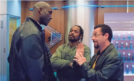  ?? A24 ?? Kevin Garnett, from left, Lakeith Stanfield and Adam Sandler in a scene from “Uncut Gems.”