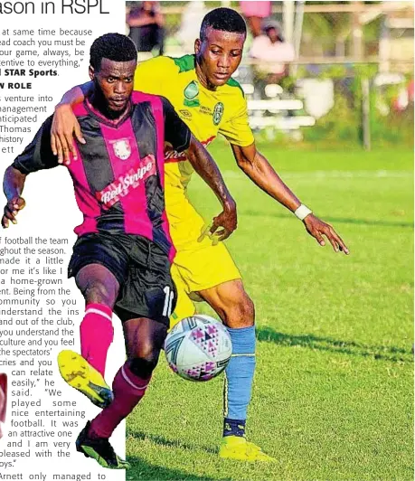  ?? FILE PHOTOS ?? Arnett Gardens’ Paul Wilson (left) escapes a challenge from Vere United’s Javeir Brown during their Red Stripe Premier League game at the Wembley Centre of Excellence in Hayes, Clarendon on Sunday, December 8, 2019.