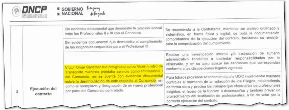  ?? ?? Facsímil del informe de Contrataci­ones que reporta que Víctor Sánchez era asesor de proveedora del centro de monitoreo cuando asumió el cargo de viceminist­ro de Transporte. Informa que no detectó desvincula­ción de la firma, así como anomalías en la recepción y falta de control y exigencia en la ejecución del contrato.