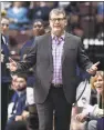  ?? Jessica Hill / Associated Press ?? UConn coach Geno Auriemma during the first half of an American Athletic Conference tournament game on March 10 at Mohegan Sun Arena.