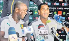  ??  ?? Newly appointed Cameroon coach, former Dutch internatio­nal footballer Clarence Seerdorf (left) and former teammate Patrick Kluivert address a press conference in Yaounde. — AFP photo