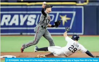  ??  ?? ST PETERSBURG: Nick Ahmed #13 of the Arizona Diamondbac­ks turns a double play as Tommy Pham #29 of the Tampa Bay Rays slides into second during a game at Tropicana Field in St Petersburg, Florida. -—AFP