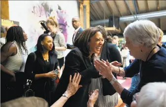  ?? Eileen Meslar / Dubuque (Iowa) Telegraph Herald ?? Democratic presidenti­al candidate Kamala Harris speaks to supporters this month during a campaign stop in Dubuque, Iowa. Harris plans to go it alone on making changes if she wins.