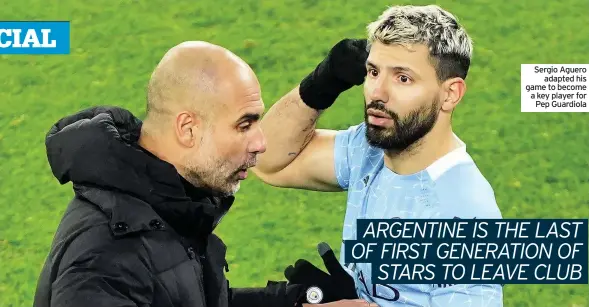  ??  ?? Sergio Aguero adapted his game to become a key player for Pep Guardiola