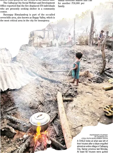  ?? PHOTOGRAPH COURTESY OF CALBAYOG CITY LOCAL YOUTH DEVELOPMEN­T OFFICE ?? A CHILD looks at what was left of their houses after a blaze engulfed almost an entire village in Calbayog City, Samar province last Monday. At least 82 houses were gutted by the fire, which accounts to half of the residences in Barangay Himalandro­g.
