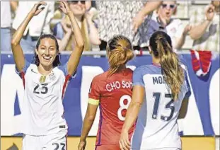 ?? GETTY ?? Christen Press celebrates after scoring goal during rout of South Korea on Sunday as women continue proving they’re the U.S. soccer team to watch.