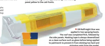  ?? ??  GB Railfreigh­t blue was applied in two spraying bouts. The roof was completed first, followed by the side panels. Masking tape is always desensitis­ed on a clean surface such as glass before being applied to paintwork to prevent it from sticking too hard and stripping paint from the model.